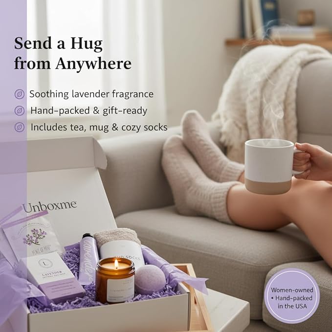 Unboxme Luxury Lavender Spa Gift Set – Relaxation Gift Basket & Care Package for Women with Candle, Bath Bomb, Soap, Cozy Socks, Mug & Tea – Get Well Soon, Sympathy, Birthday Self-Care Gift