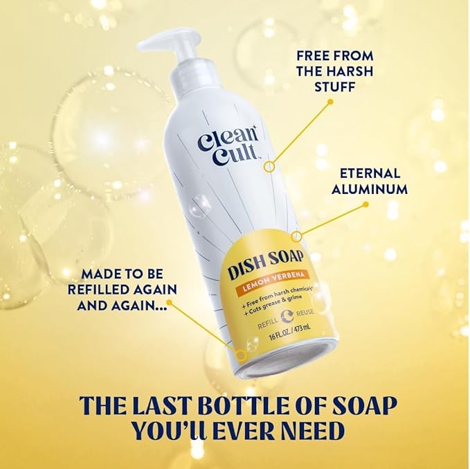 Bundle of Cleancult Dish Soap Liquid Refills (32oz, 1 Pack) - Lemon Verbena + Cleancult - Lemon Verbena - Liquid Dish Soap - Refillable Aluminum Bottle - 16 oz