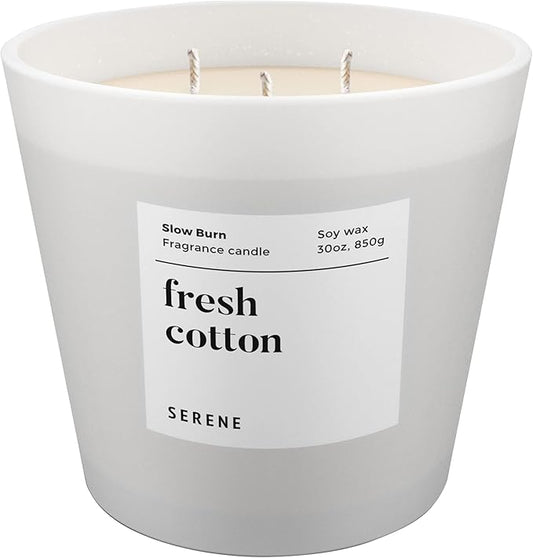 Hidden Label Large Scented Candle, Fresh Cotton, 30oz 3 Wick Huge Candle, Serene Collection Slow Burn Natural Soy Candles for Home Scented