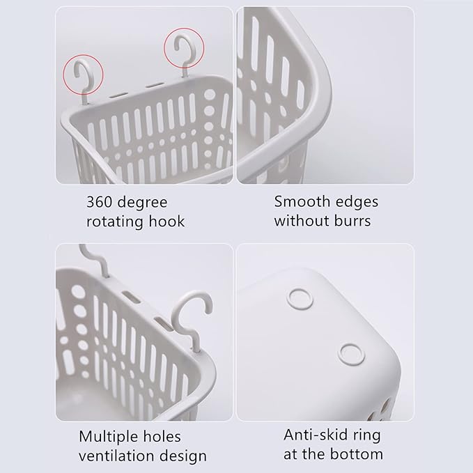 3PCS Plastic Hanging Baskets for Shower, Organizer With Hooks, Rectangle 10.6Inches Small Storage Basket (Beige)