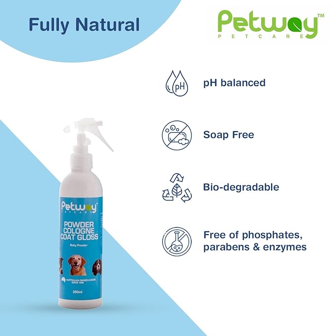 Petway Petcare Powder Cologne Coat Gloss – Natural Cosmetic Dog cologne spray, Dog Show Gloss with a Soft Baby Powder Fragrance, Pet Odour Eliminator and Dog Grooming Spray– 250ml