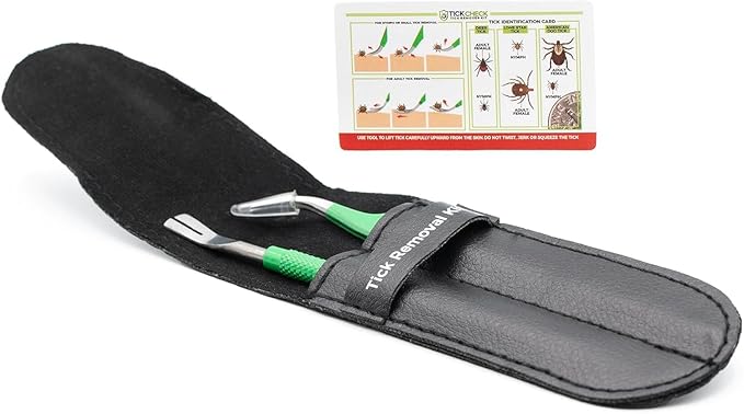 TickCheck Premium Tick Remover Kit - Stainless Steel Tick Remover + Tweezers, Leather Case, and Free Pocket Tick Identification Card (50)