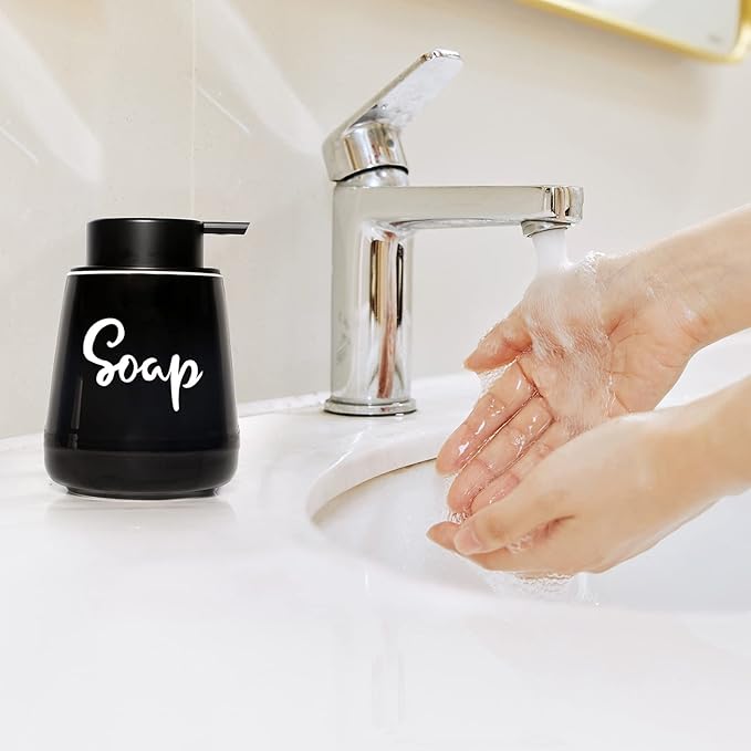 LEETOYI Bathroom Countertop Dispensers Modern Ceramic Soap Lotion Dispenser Bottles, Hand Soap Dispenser for Bathroom, Dish Soap Dispenser for Kitchen, Easy to Press Pump (Black, Labeled Soap)