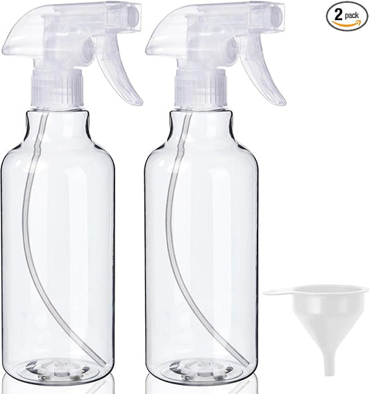 Plastic Spray Bottles (2-Pack, 16.9 Oz) Heavy Duty Spraying, Mist & Stream, Empty Water Sprayer Bottle for Cleaning Solutions, Essential Oils, Hair, Plants, BBQ, Dog Cat Behavior Correction (Clear)