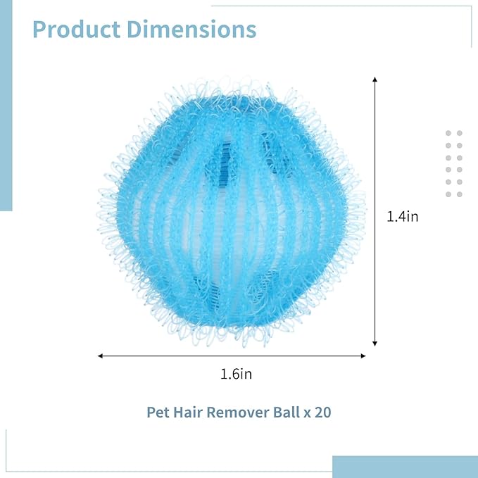 20 Pet Hair Remover Laundry Balls, 1.6In Zappers in Sky Blue, Non-Tangle for Hair and Dirt Removal