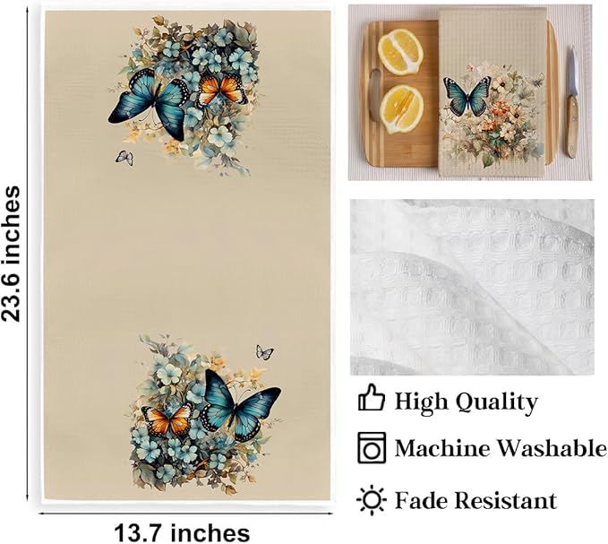 2 Pcs Vintage Floral Kitchen Towels, Artistic Butterfly Decorative Absorbent Microfiber Dish Cloth Tea Towel, Waffle Soft Hand Towels for Farmhouse Home Bathroom, Housewarming Gifts