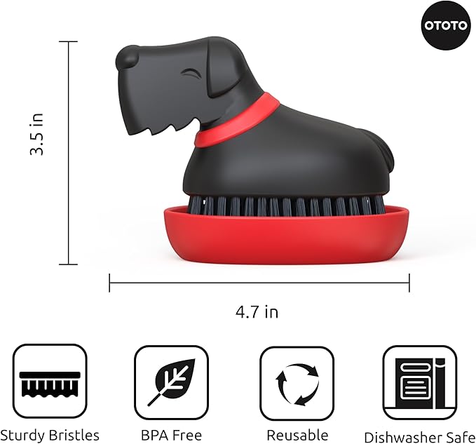 (New) OTOTO Oscar Dog Dish Brush - Dog Gifts, Daschund, Wiener Dog, Dish Scrub Brush, Dish Scrubber, Kitchen Vegetable Scrub Brush Palm Brush, White Elephant Gifts, Cute Kitchen Gadgets