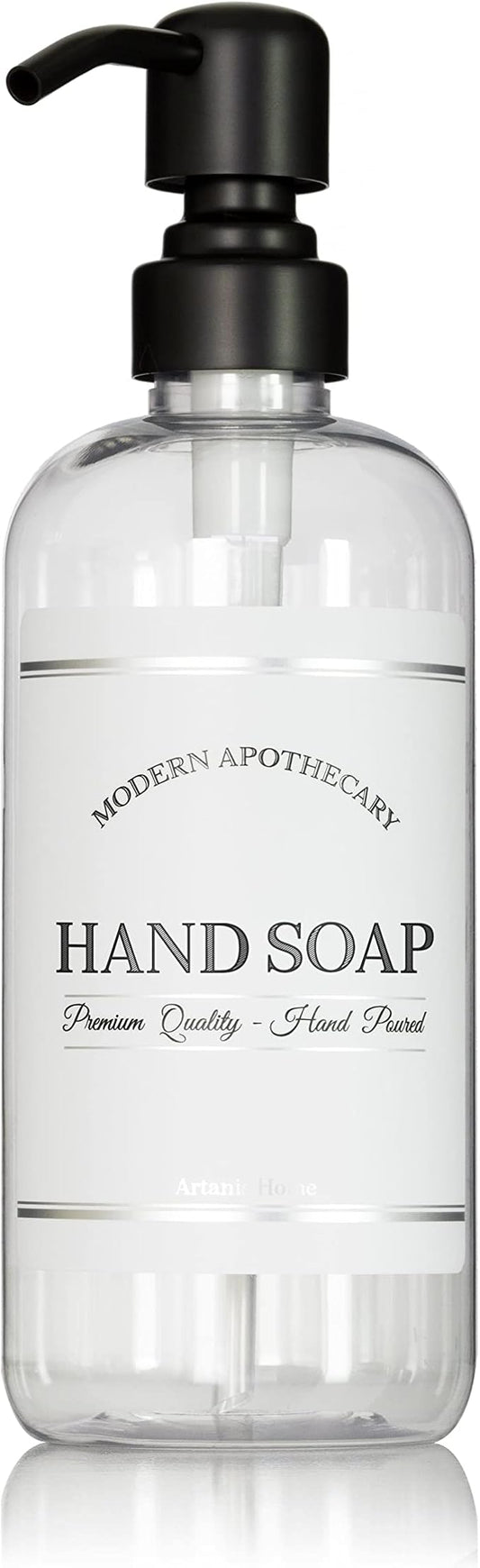 Refillable Clear PET Plastic 16 oz Hand Soap Bottle with Black Satin Pump Dispenser - Chrome Accent Waterproof Labeled Bottle