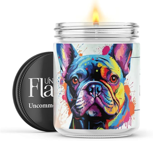 100% Handmade Non-toxic Soy Wax Candle, Citrus Floral Scent, 120hr Burn, Soot Free, Cotton Wick, 16 oz - Gift for Dog Moms & Dads, French Bulldog Lovers (Frenchie, Lemon & Lavender)