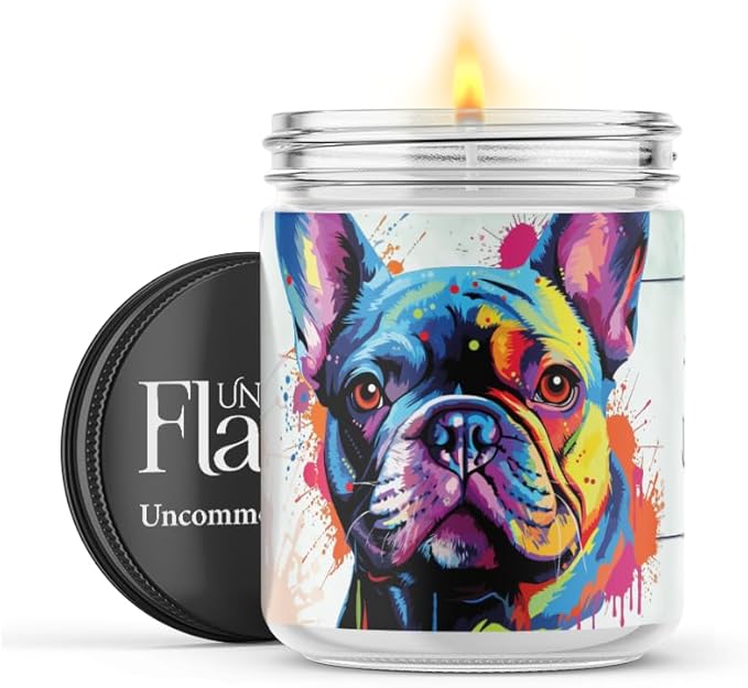 100% Handmade Non-toxic Soy Wax Candle, Fruity Sweet Scent, 120hr Burn, Soot Free, Cotton Wick, 16 oz - Gift for Dog Moms/Dads, French Bulldog Lovers (Frenchie, Black Raspberry Vanilla)