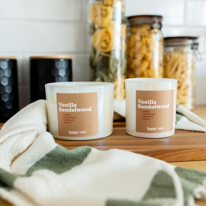 Happy Wax Vanilla Sandalwood All Natural Soy Wax 3 Wick Premium Scented Candle, Infused with Essential Oils, Long Lasting 40+ Hours of Burn Time, Vanilla and Earthy Notes