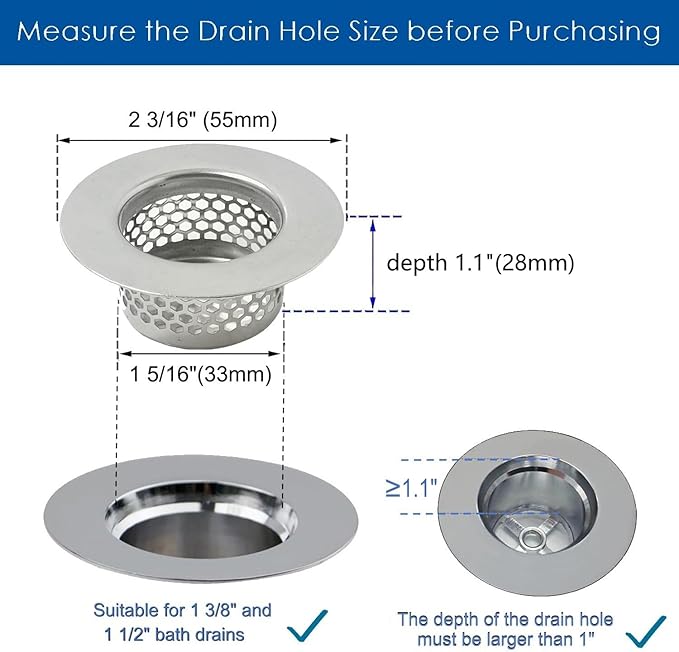 Bathtub Drain Cover, Bathtub Strainer, Drain Hair Catcher for Bathtub Laundry Utility Sink, Fit Hole Size 1.5" and Depth More Than 1.1" (3-Pack)