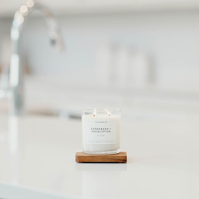 Calyan Wax Co. 2 Wick Candle, Evergreen + Eucalyptus Scented Candle, 37 Hour Burn Time, Aromatherapy Soy Candles, Non Toxic & Vegan Soy Wax, Glass Tumbler Scented Candles, 12.5oz