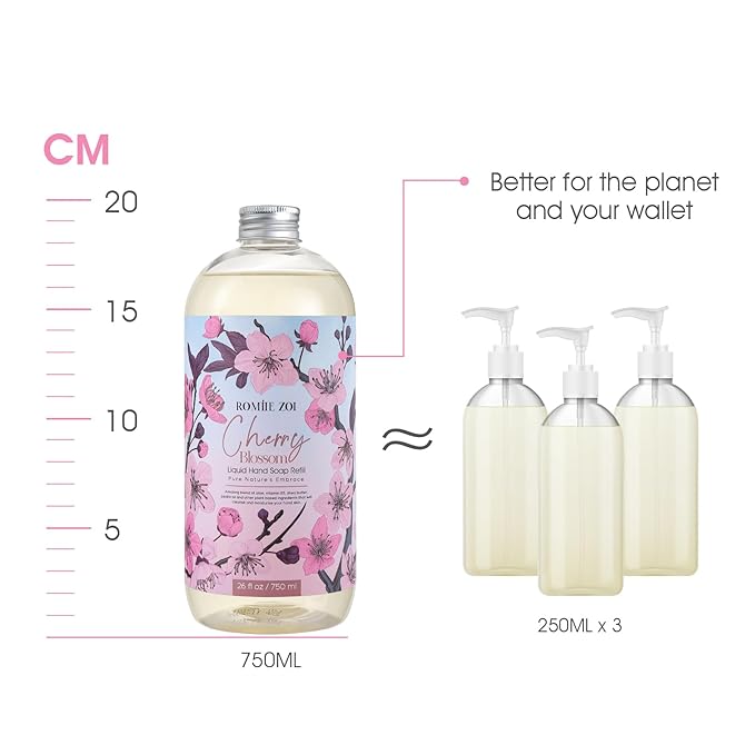 ROMIIE ZOI Cherry Blossom Liquid Hand Soap Refill Gift Set – 3 Pack (26 Fl Oz Each), Moisturizing & Gentle, Biodegradable Formula with Essential Oils for Spa, Kitchen, Bathroom