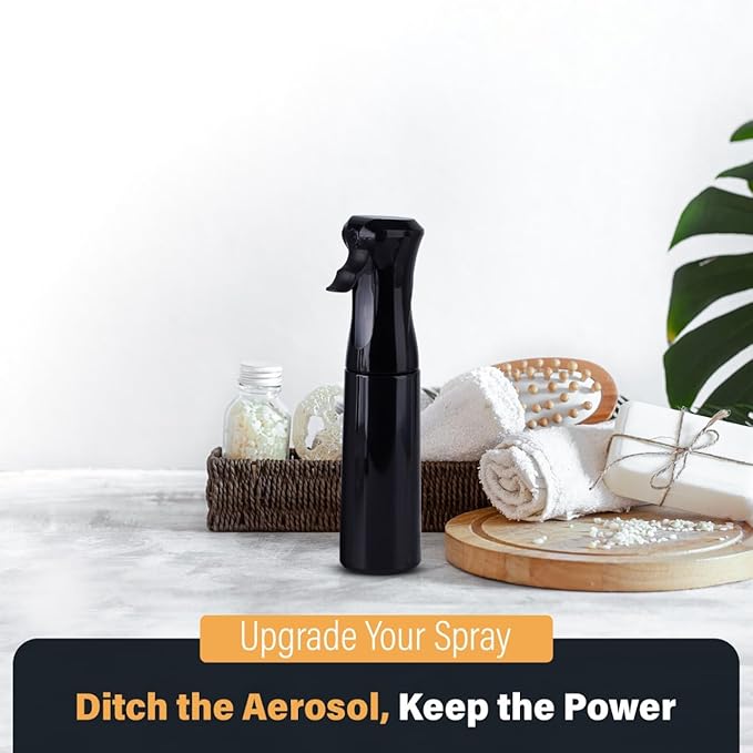 VIGOR PATH Continuous Spray Bottle for Hair – Fine Mist Mister for Hairstyling, Cleaning, Plants, Pets, Barbers, Salons, and Essential Oil Applications (300ml/10.1 oz) Black