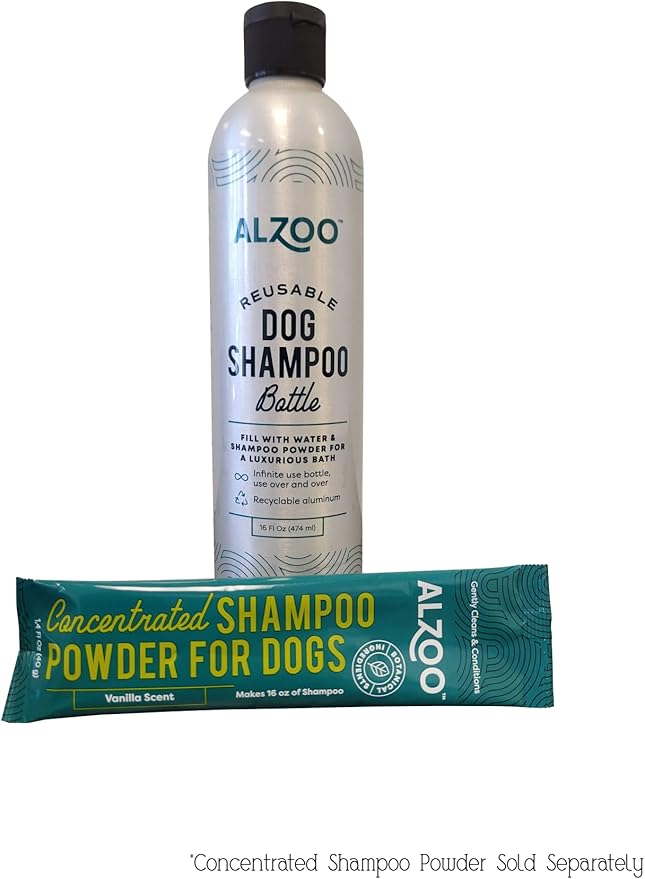 ALZOO Reusable, Refillable Shampoo Bottle for Dogs, Fill with Water & Concentrated Shampoo Powder, Recyclable Aluminum, Holds 16 Fl. Oz.