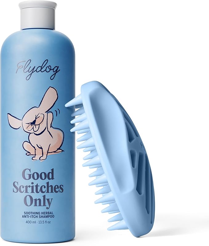 FLYDOG Dog Shampoo Itchy Skin Relief - Honeysuckle Anti Itch Dog Shampoo for Dogs with Sensitive Skin, Hypoallergenic Pet Shampoo for Controls Flaking & Odors, Reduces Shedding(400ml+Brush)