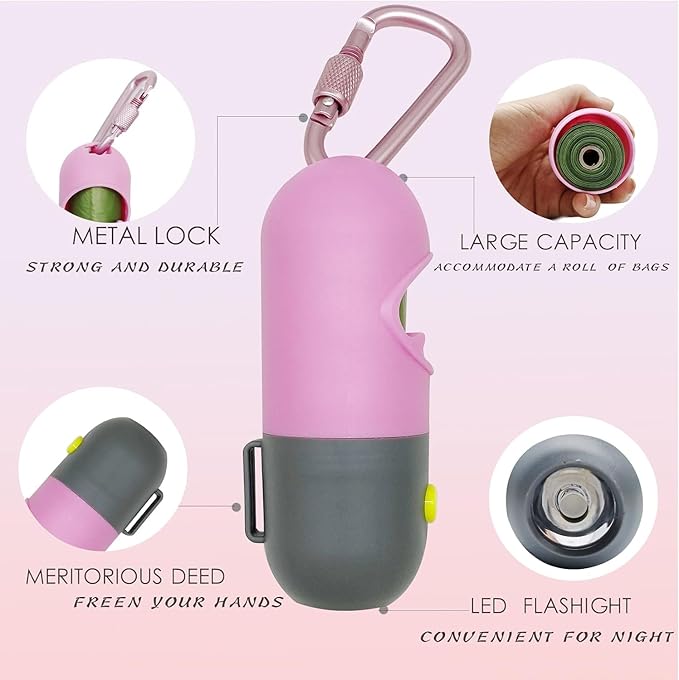 2 Pack Poop Bag Holder with Flashlight Waste Bag Dispenser for Leash with Clip and Battery Poop Bag Dispenser with Green Scented Poop Bags for Dog Walking(Pink,2 Dispenser 60 Bags)