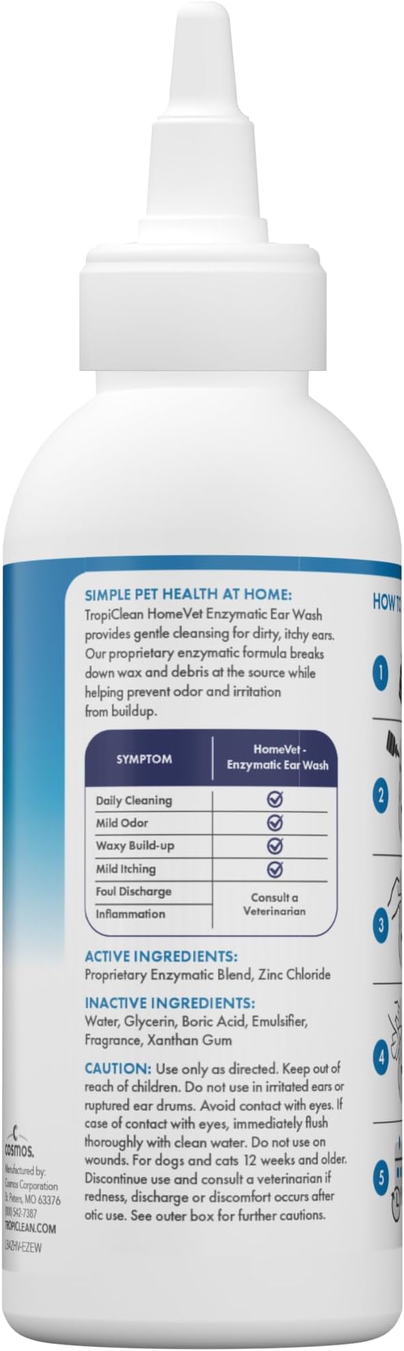 TropiClean HomeVet Enzymatic Dog Ear Cleaner, Vet Recommended Treatment for Dogs and Cats, Safe Daily Ear Cleaning Solution, USA Made, 2oz
