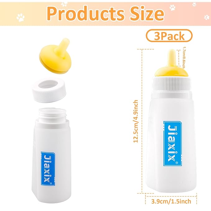 3 Pack Kitten Silicone Bottle Feeding Kit,Nipple & Feeding Kit for Kittens, Reusable Newborn Kitten Supplies, Suitable for Feeding Kitten, Puppy, Rabbit,Hamster (Yellow, Large)