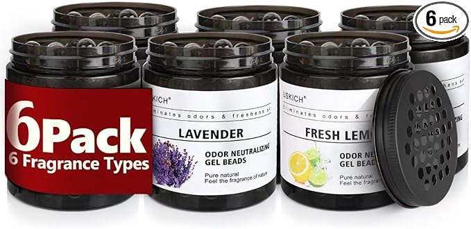 6 Pack Odor Eliminator Gel Beads, 6 kinds of fragrance Clear Air Freshener Made with Essential Oils - Eliminates Odors in Bathrooms, Cars, Boats, RVs & Pet Areas