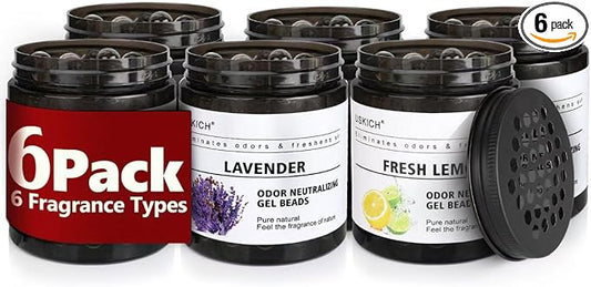 6 Pack Odor Eliminator Gel Beads, 6 kinds of fragrance Clear Air Freshener Made with Essential Oils - Eliminates Odors in Bathrooms, Cars, Boats, RVs & Pet Areas