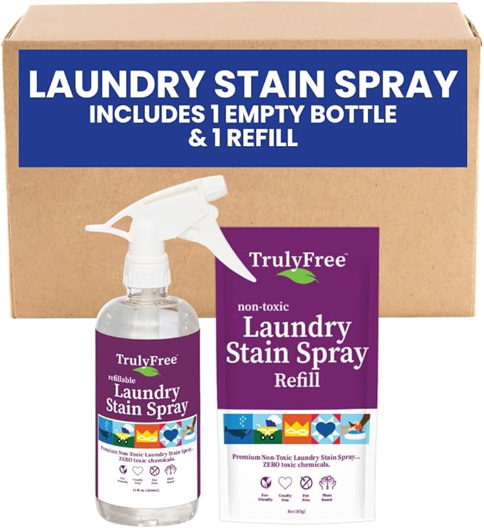 Truly Free Laundry Stain Remover Spray for Clothes - Removes Tough, Dried-In Stains on Whites & Colors -Natural Ingredients - Gentle Yet Powerful - Includes 3 oz Refill & Empty Refillable Bottle
