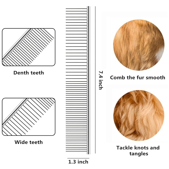 QUMY Dog Comb for Dematting, Stainless Steel Pet Grooming Comb, Removes Dead, Matted or Knotted Hair, Finishing and Fluffing, Comfort-Grip Handle - Pack of 1