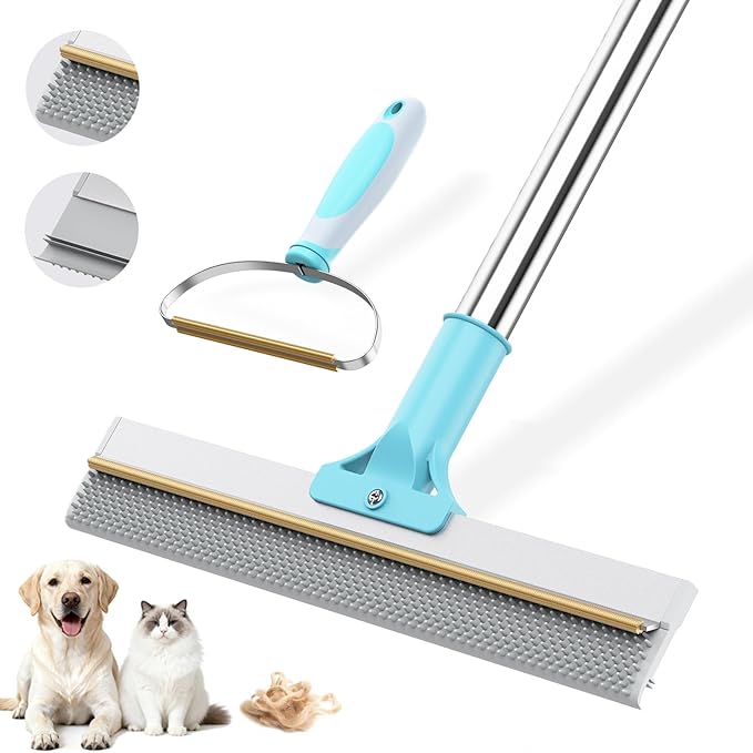 Hotsky Carpet Rake for Pet Hair Removal,3 in 1 Reusable Silicone Carpet Broom,54 inch Adjustable Cat Dog Hair Remover Tool with Lint Scraper and Patented Design for Rugs,Mats,Sofas,Floors