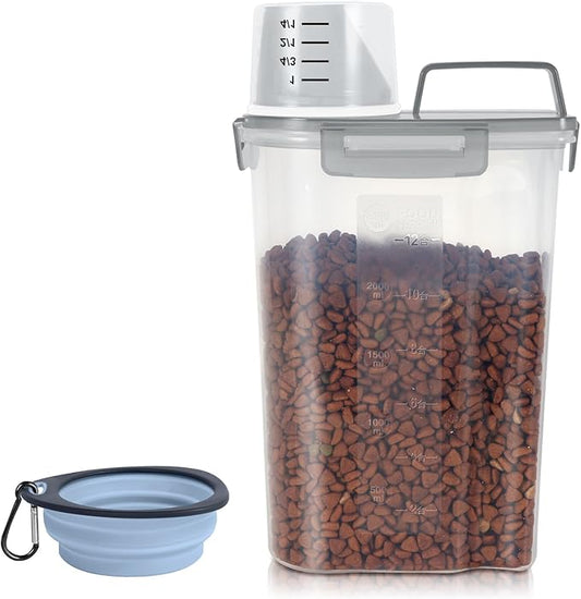 3-5Lbs/3Qt Dog Cat Food Storage Container With foldable bowl. Plastic Pet Food Dispenser for Small Animal Kibble/Pet Food/Bird Seed/Oatmeal/Rice/Flour/Brown Sugart/Cereals (Clear Grey)
