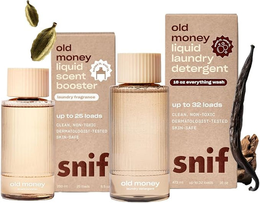 Snif Old Money Laundry Detergent & Scent Booster Starter Pack – Luxury Amber & Sandalwood Scent, Premium Non-Toxic Laundry Duo, HE Safe, Non-Irritating (16oz + 8.5oz)