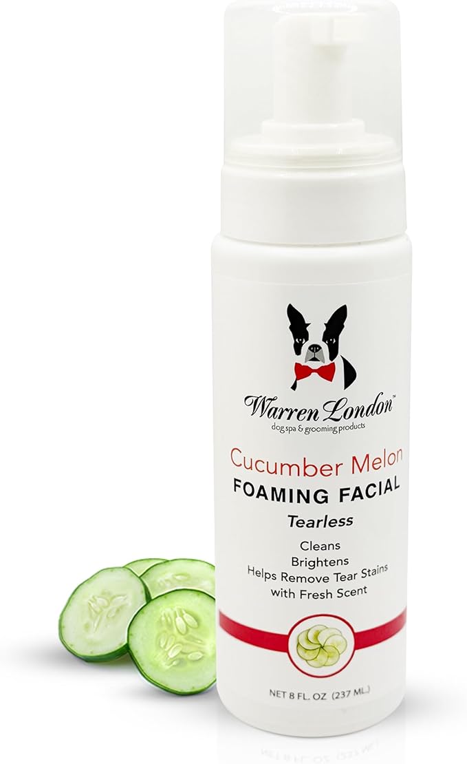 Warren London Foaming Pet Facial | Tear Free Dog Face Wash | Tearless Dog Shampoo for Faces & Dog Eye Stain Remover | Refreshing Cucumber Melon Wash | Made in USA | 8oz