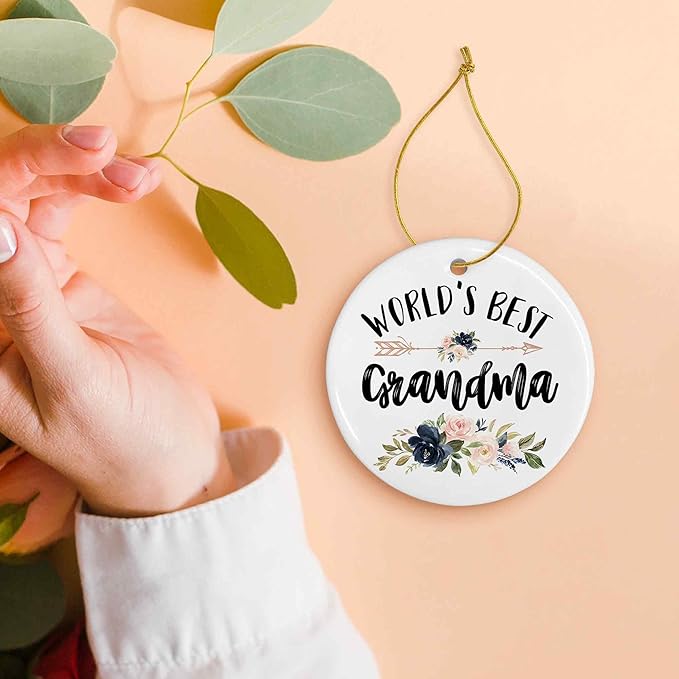 World's Best Grandma Ceramic Ornaments Gifts, Grandma Grandmother Round Hanging Ornament Decor Decorations for Christmas Tree Car, Thank You Appreciation Gifts for Grandma Birthday Holiday