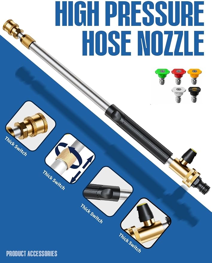 Jet Nozzle High Pressure Hose Nozzle, 2025 Upgraded Adjustable Hydro Nozzle Wands 18-33 inch, Garden Water Hose Sprayer with 5 Tips and Hose Quick Connectors for Garden, Floor and Car Washing