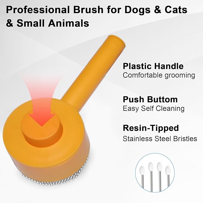 Self-Cleaning Pet Brush - Deep Massage Deshedding Comb with Resin Protective Tips, Curved Teeth, One-Button Hair Release - Washable, for Shedding & Long-Haired Dogs Cats
