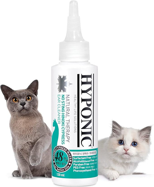 HYPONIC Premium No-Sting Hinoki Cypress Ear Cleaner (for All Cats 4.06 oz) - Cat Ear Cleaning Solution, Cleans and Removes Odors