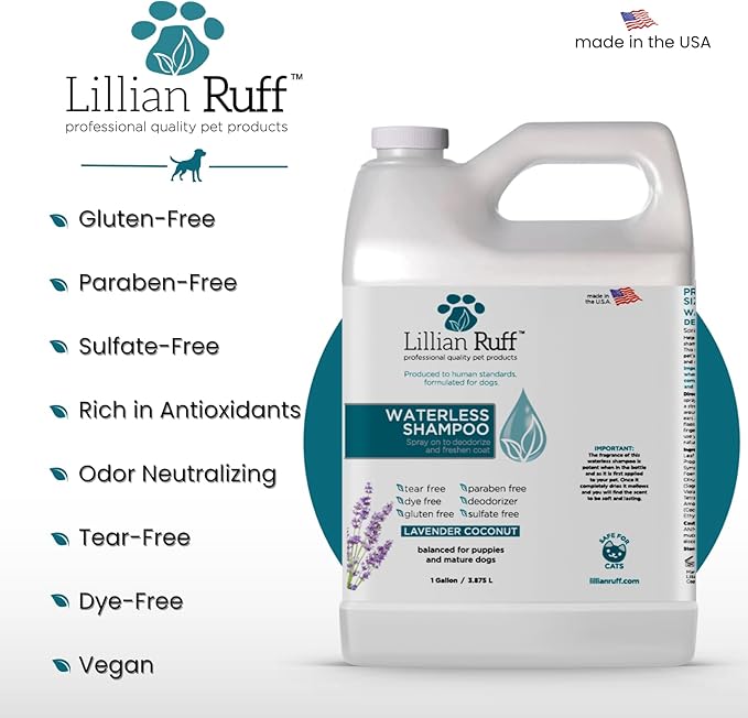Lillian Ruff Waterless No-Rinse Dog Dry Shampoo Spray with Hydrating Essential Oils - pH-Balanced Dry Shampoo for Dogs - Clean, Condition, Detangle & Deodorize Dry, Sensitive Skin (Gallon)