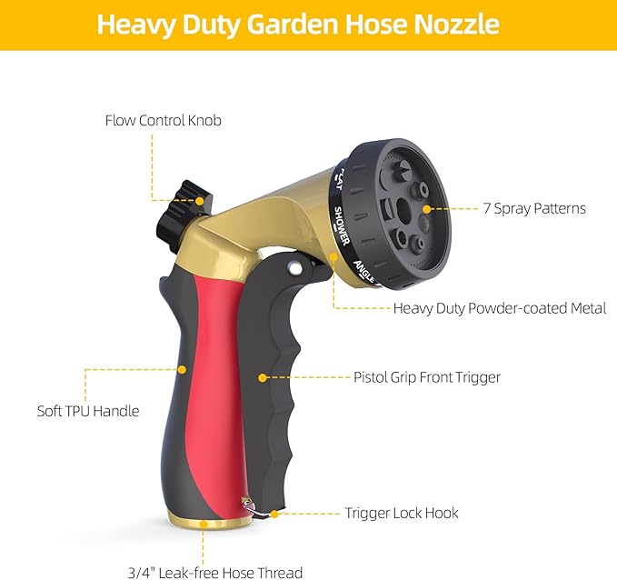 Heavy Duty Garden Hose Sprayer Nozzle, Water Hose Nozzle with 7 Spray Patterns, High Pressure Garden Sprayer with Adjustable Button & Lockable Trigger for Watering Plants & Lawns, Washing Cars, Pets