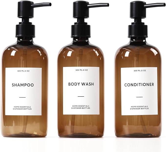 HOMCDALY Shampoo and Conditioner Dispenser, 21oz 3-Pack Refillable Shampoo and Conditioner Bottles, Shower Soap Bottles with Pump and Labels, Bathroom Shower Dispenser（21oz-Brown）