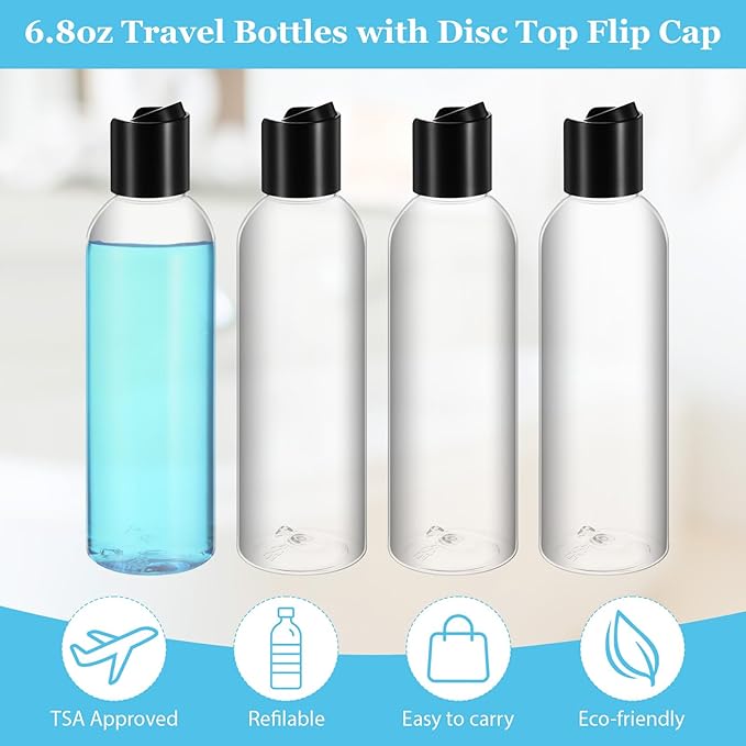 24 Pcs 6.8 oz (200ml) Plastic Empty Bottles Clear PET Refillable Travel Bottles with Disc Top Caps – Leakproof Squeeze Containers for Shampoo, Lotion, Cream & Toiletries
