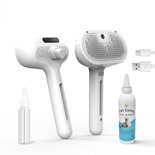 Pet Steam Brush for Dog & Cat, 3 in 1 Spray Hair Removal Comb for Shedding & Grooming, Water Brush for Long & Short Haired Pets, Includes 200ml Shampoo & USB Rechargeable Design, White