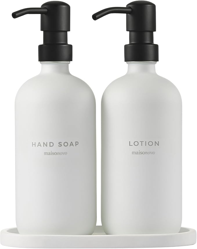 MaisoNovo Soap Dispenser 3-Piece Set | 16.9oz White Bottles with Black Stainless Steel Pumps