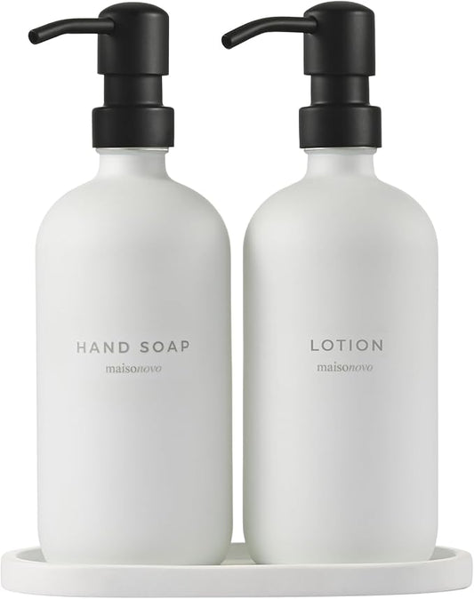MaisoNovo Soap Dispenser 3-Piece Set | 16.9oz White Bottles with Black Stainless Steel Pumps