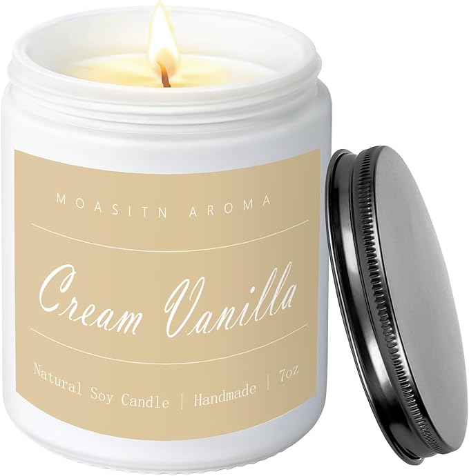 MOASITN Cream Vanilla Highly Scented Candles for Home| Natural Soy Aromatherapy Candle| Handmade Long Lasting Jar Candle| Candel Gift for Women,Men as Summer,Birthday,Housewarming,Relaxing Gifts| 7oz