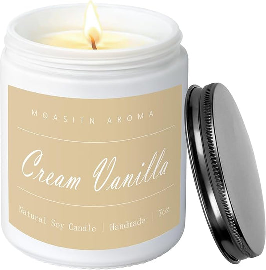 MOASITN Cream Vanilla Highly Scented Candles for Home| Natural Soy Aromatherapy Candle| Handmade Long Lasting Jar Candle| Candel Gift for Women,Men as Summer,Birthday,Housewarming,Relaxing Gifts| 7oz