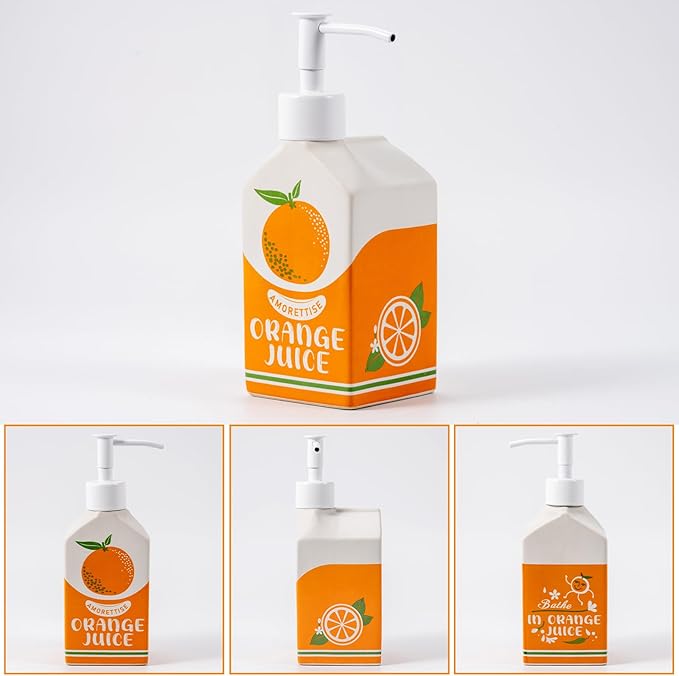 Ceramic Orange Juice Bottle Soap Dispenser, Refillable Lotion Pump Bottle for Bathroom Kitchen Dish Soap