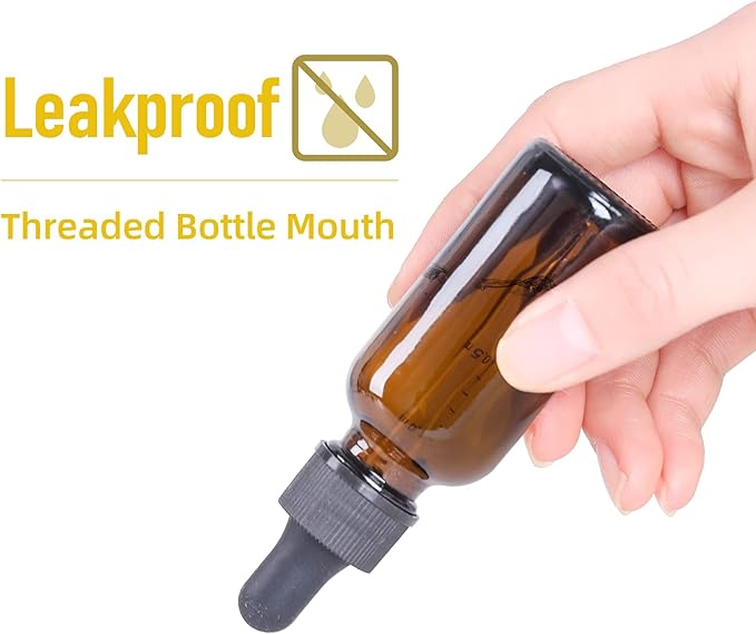 2 oz Dropper Bottle 12 Pack Amber Glass Boston Bottles 30ml with Eye Droppers Black Caps for Essential Oils, Perfume, Leak Proof Travel Bottles for Liquids