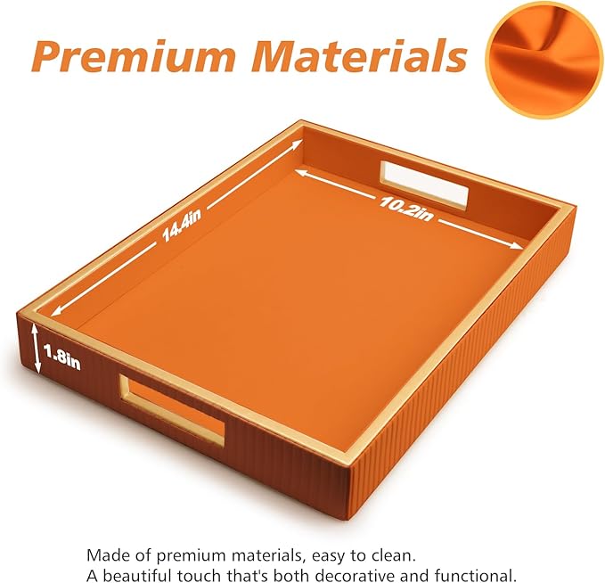 SANZIE Leather Tray Desktop Storage Organizer Premium Serving Tray Decorative Tray Valet Tray for Sundries Cosmetics Phone Wallet Cutlery, Rectangular, Orange