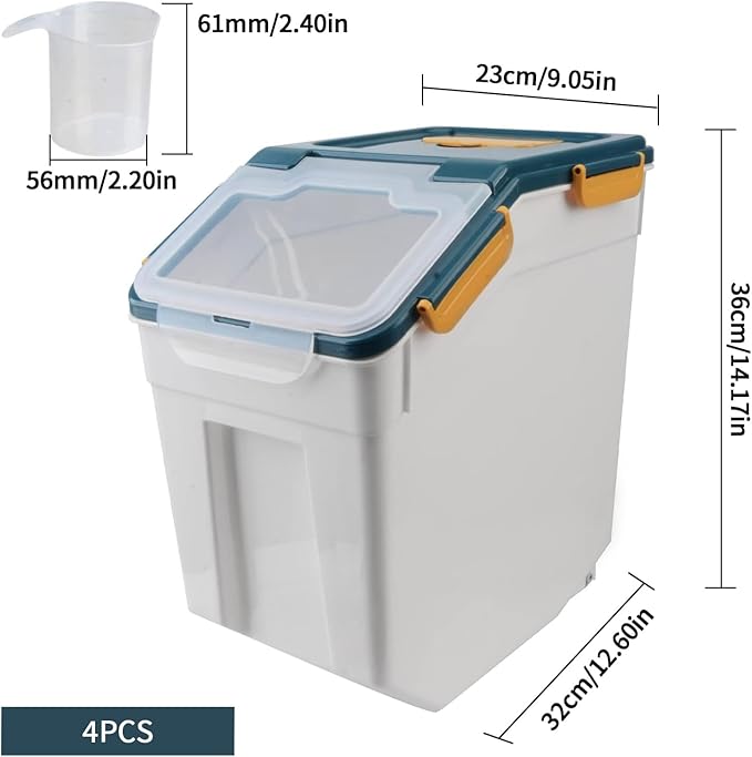 4 Pack Grain Food Storage Container, 20LB Airtight Rice Bin Storage Bucket with Spoon and Measuring Cup, Large Flour Dispenser Container Set 80LB Total Capacity