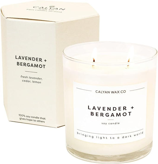Calyan Wax Co. 2 Wick Candle, Lavender + Bergamot Scented Candle, 37 Hour Burn Time, Aromatherapy Soy Candles, Non Toxic & Vegan Soy Wax, Glass Tumbler Scented Candles, 8.8oz